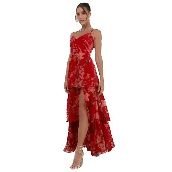 Lulus I Love You Amore Red Floral Velvet Tiered Maxi Dress Size M